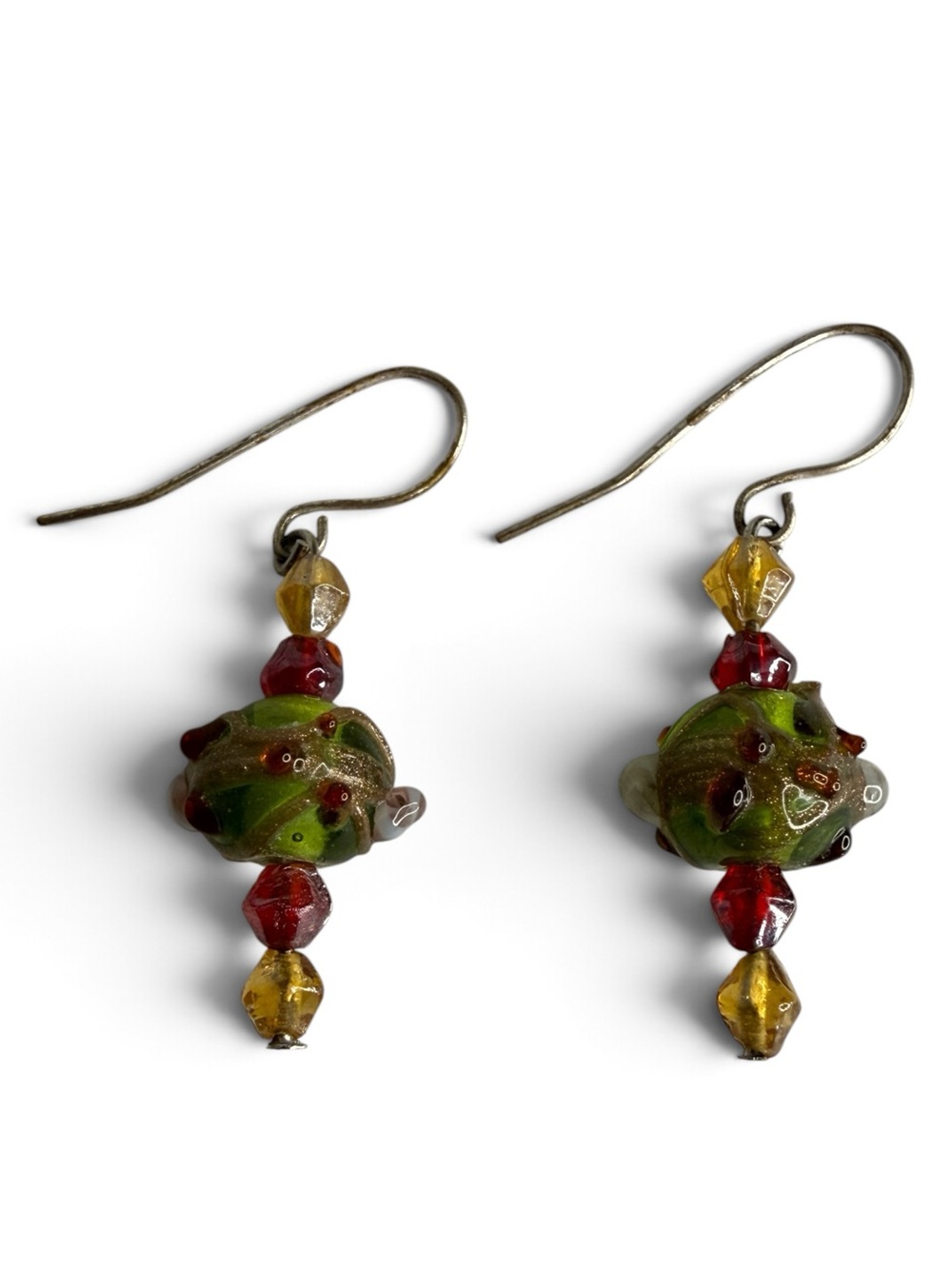 Vintage Handmade Wedding Cake Beaded Earrings – Olive Green Lampwork Glass